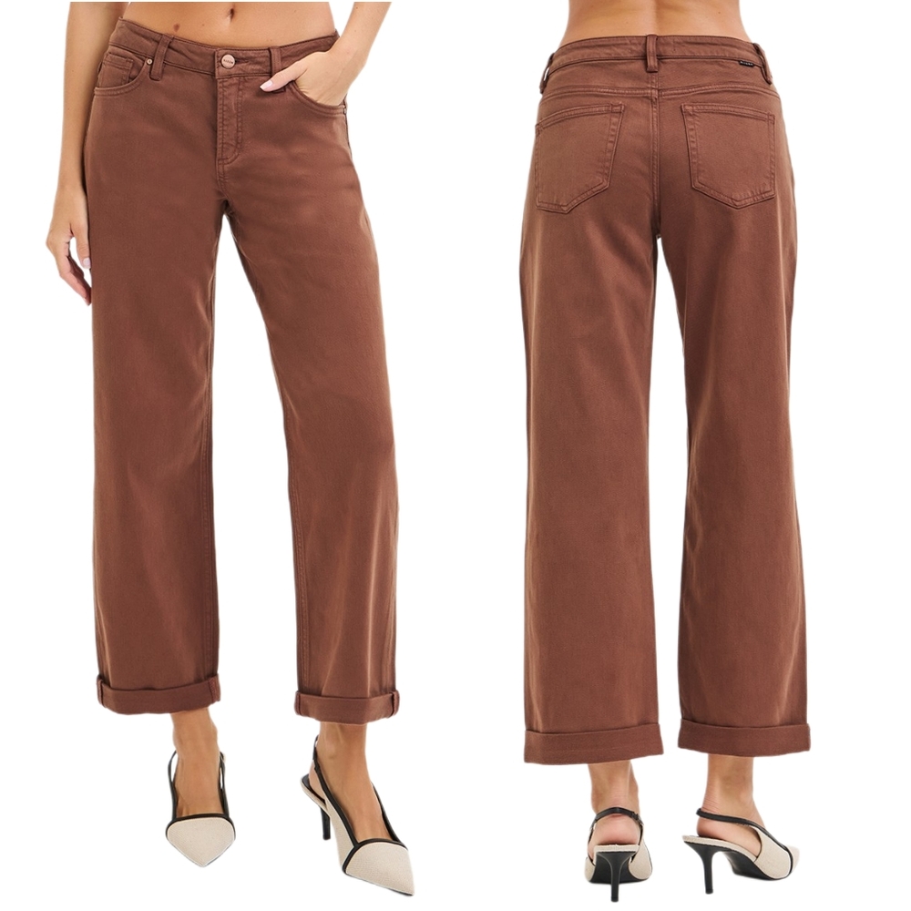RISEN Mid-Rise Tummy Control Barrel Jeans Baggy Leg Rolled Hem Denim Pants Brown - Picture 13 of 16